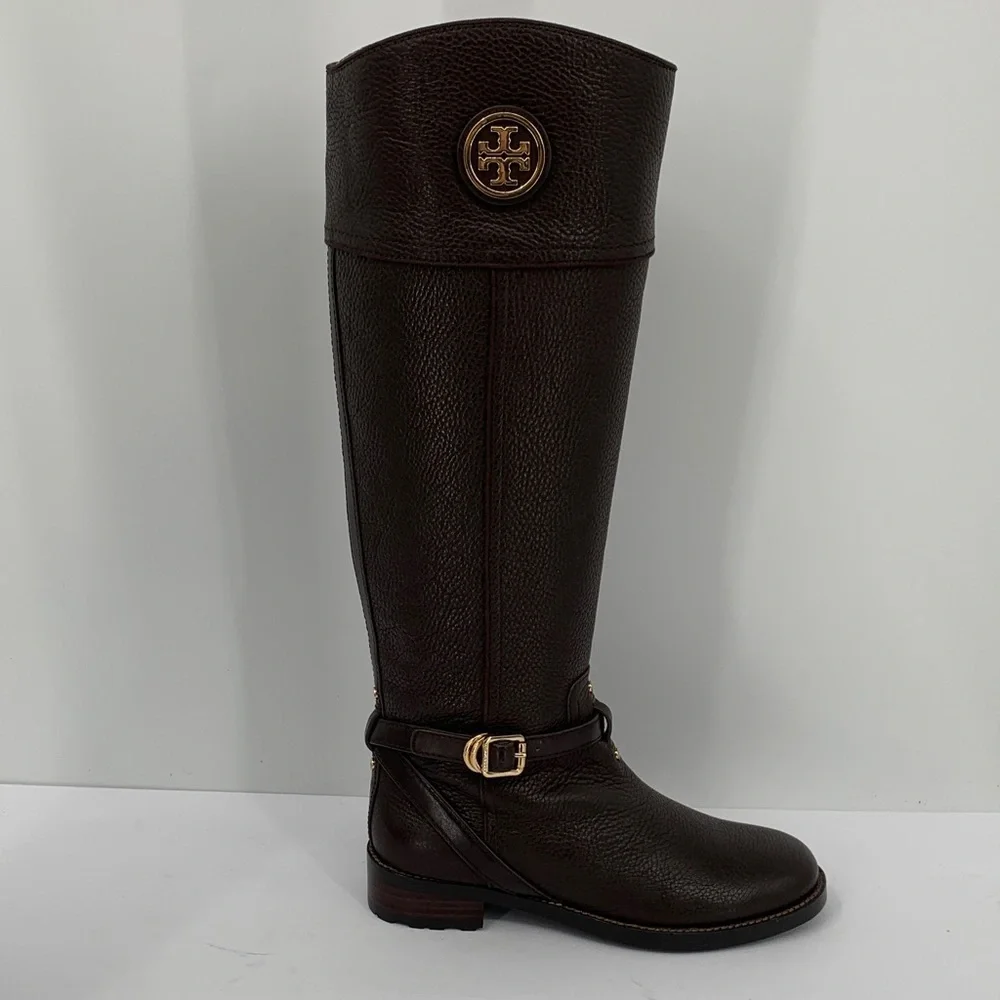 Tory Burch Teresa riding tall boots coconut brown leather zipper logo new 7